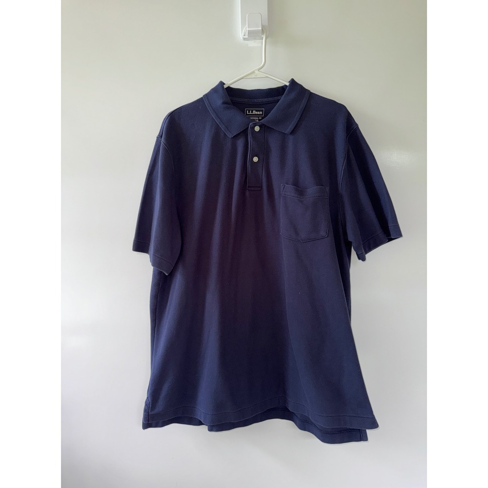 LL Bean Mens Blue Cotton Pique Pocket Polo Shirt Traditional Fit Large Preppy